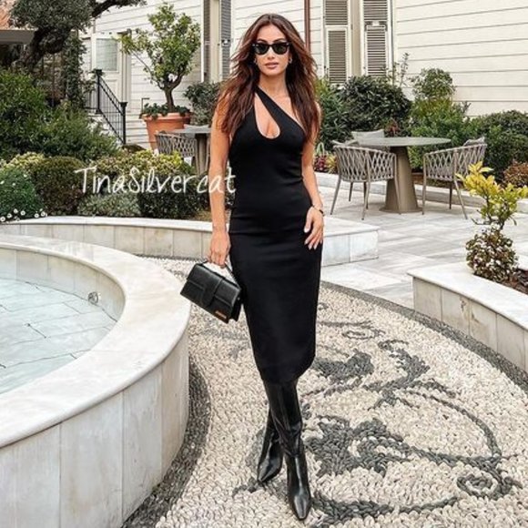 BLOGGER'S FAVE! Zara Black Cut Out One Shoulder Midi Dress Sz S NWT - Picture 5 of 14